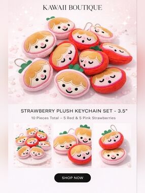 New 10pcs Kawaii Strawberry Plush Keychain Set 3.5” Cute Soft Mini Bag Charms